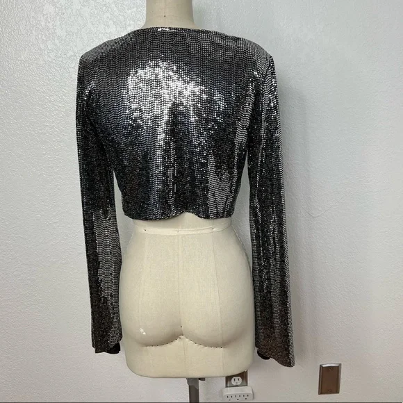 Vintage studio 54 Y2K silver black sparkle disco ball effect crop top S - Picture 3 of 6